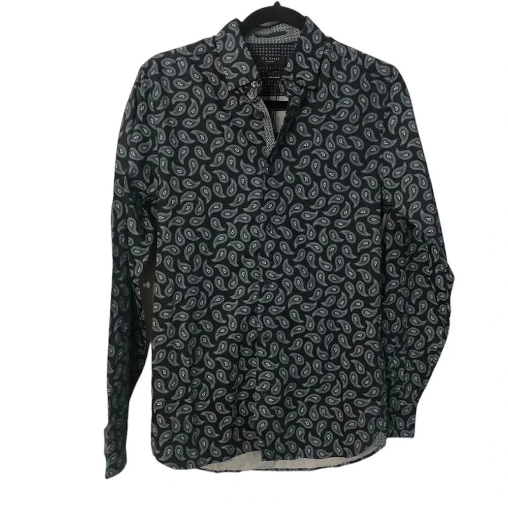 Ted Baker London Navy Paisley Long Sleeve Button Down Shirt Size 1 or S NWT